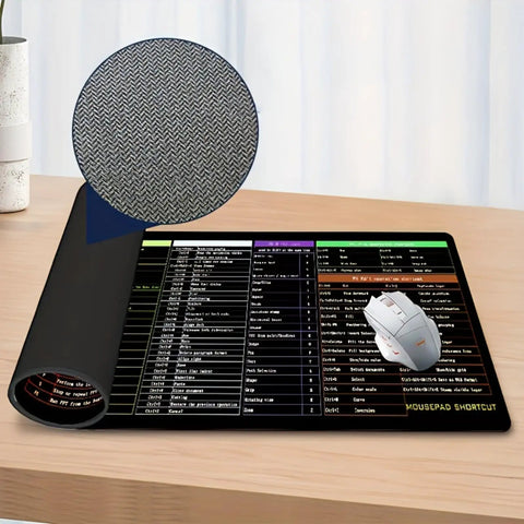 Cheat Sheet Desk Pad With Shortcut Keys And More Mega Wide 31.5 By 11.8 Inch Non Slip Waterproof Mouse Pad on desk with mouse.