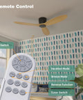 Remote control with labeled features in front of No Light 52 Inch Ceiling Fan With Remote, Low Profile Flush Mount, Natural Wood Finish