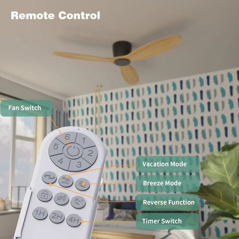 Remote control with labeled features in front of No Light 52 Inch Ceiling Fan With Remote, Low Profile Flush Mount, Natural Wood Finish