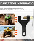Beefy Heavy Duty Motorcycle Chain Breaker Tool For 530 528 525 520 428 420 Chains with adaptation information next to dirt bikes and motorcycles.