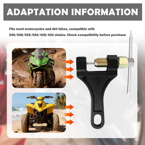 Beefy Heavy Duty Motorcycle Chain Breaker Tool For 530 528 525 520 428 420 Chains with adaptation information next to dirt bikes and motorcycles.