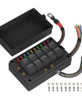 12V 10 Way Relay Box with Prewired Dustproof Fuse Panel featuring 10 relay slots, colored fuses, and attached wiring