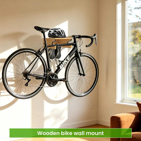 Wood Bike Wall Mount With Shelf And Hooks, All In One Road Bike Storage Rack For Helmets, Shoes, Gloves, Goggles, And Gear, in living room.