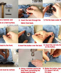 Installation steps for 20 Piece Jeans Button Tack Kit With 17mm Metal Snap Fasteners for Jeans, jackets, and backpacks.