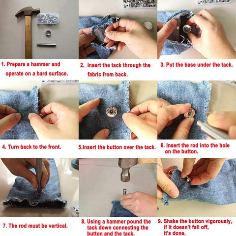 Installation steps for 20 Piece Jeans Button Tack Kit With 17mm Metal Snap Fasteners for Jeans, jackets, and backpacks.