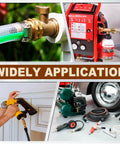 Collage showing applications of 5 Pack Brass Hose Barb Fittings One Quarter Inch Barb To One Eighth Inch NPT Male Thread Air Water Fuel Line Adapters Connector For Hoses With Tight Seal And High Burst Pressure Up To 300 PSI in various settings