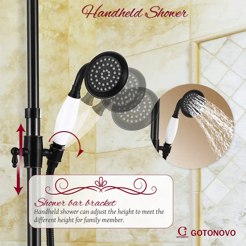 Oil Rubbed Bronze Shower Faucet Fixture With 8 Inch Rain Shower Head Dual Knob Control Triple Function Tub Spout 12 Inch Extension Included Durable Brass 3 In 1 Diverter Mixer Valve showing detachable handheld shower head and adjustable height bar.