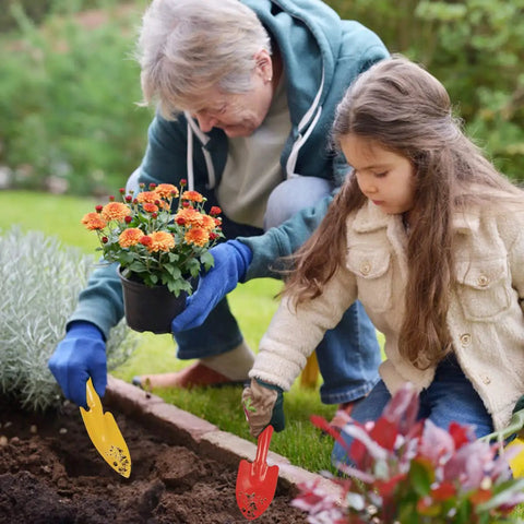 Child and adult using Colorful Metal Garden Trowels Set Of 10 Hand Shovels For Kids Teens And Adults Built To Last Tough As Nails Tools