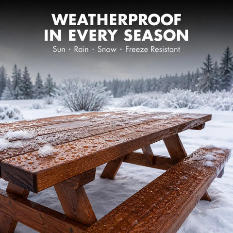 Real Deal Clear Wood Sealer And Tough Water Based Hardwax Oil That Soaks Deep Into Raw Timber To Deliver Bulletproof Weather Shielding With Zero Flake Mess In One Quart applied on a weatherproof wooden picnic table in snowy setting.