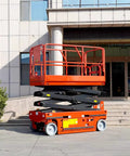 Heavy Duty Hydraulic Lift Platform With Safety Rails Built Like A Tank For Shop Use Industrial Material Handling Workhorse, elevated in front of a building.