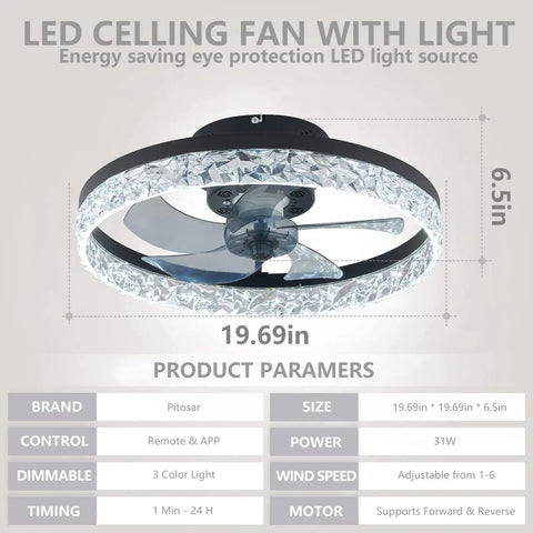 Remote Controlled Ceiling Fan With Lights 19.69 Inch Flush Mount 31W Dimmable LED Chandelier For Living Room And Bedroom Black