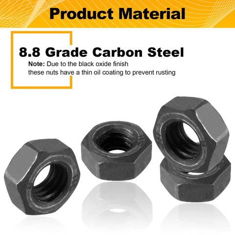 Badass M6 Hex Nuts 100 Piece Set Premium Carbon Steel Black Oxide Coating, showing 8.8 grade carbon steel hex nuts with smooth threading.