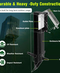 19.5 Inch Low Profile Garden Post Enclosure With Built Tough Weatherproof Rain Cover For GFCI Outlets detailed view showing outlet and enclosure components.