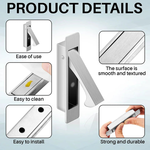 Close-up of 2 Pack Pocket Door Pull Handles 3.54 Inch Stainless Steel Satin Finish, highlighting durability and ease of use features.
