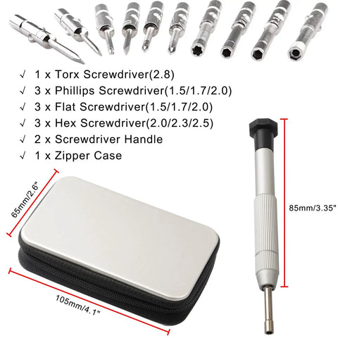 12 Piece Eyeglass Repair Tool Kit For Glasses Watches Phones And Clocks Compact Travel Pocket With Precision Mini Screwdriver Set 2 Multi Use Sockets And 10 Bits with case and tools displayed
