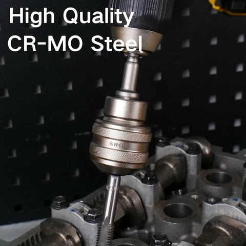 Adjustable Tap Socket Tool Set, 2-Piece One Half Inch Drive, M13 To M19 Chuck in use, highlighting CR-MO steel construction.