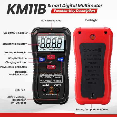 Rechargeable Digital Multimeter Tester With Type-C Interface, 4000 Counts, front and back view, highlighted features, NCV indicator