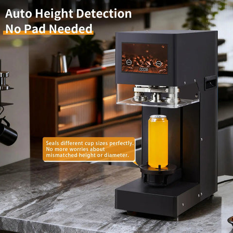 Pro Grade Automatic Soda Can Sealer For Aluminum And Plastic Cans With Touch Screen Operation, Auto Height Detection, Cup Mat Not Required, Heavy Duty Commercial Sealer In Black Finish on kitchen counter