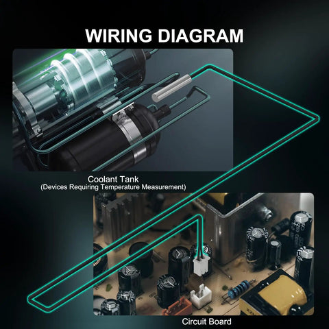 Wiring diagram showing 10K Temperature Sensor Probe Kit application in coolant tank and circuit board for remote sensing and control