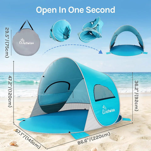 Pop Up Beach Tent Sun Shelter With UPF50+ UV Protection, Instant Easy Setup, 3 Person Capacity, Portable Foldable Beach Shade Canopy, Carry Bag Included, 87 x 57 x 47 Inches, Blue shown on beach