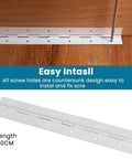 Two Pack 12 Inch White 304 Stainless Steel Heavy Duty Continuous Piano Hinges With Screws on wooden surface with installation tool.