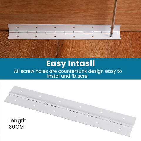 Two Pack 12 Inch White 304 Stainless Steel Heavy Duty Continuous Piano Hinges With Screws on wooden surface with installation tool.