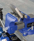4 Inch Vise Mount Press Brake Bender Attachment for Sheet Metal Cross Slide in blue vise, handle in use