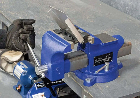 4 Inch Vise Mount Press Brake Bender Attachment for Sheet Metal Cross Slide in blue vise, handle in use
