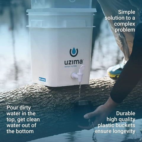 Gravity Fed Camping Water Filter System For Backpacking Survival And Glamping Portable Purification Gear showing water flow