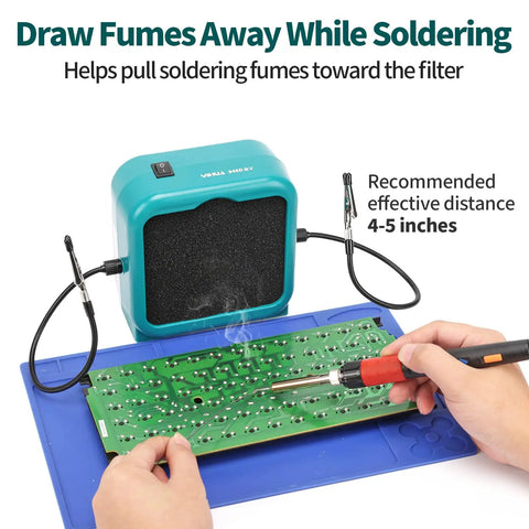 Sweet Compact Soldering Fume Extractor With Flexible Helping Hands and Heavy Duty Activated Carbon Filters, extracting smoke during soldering.