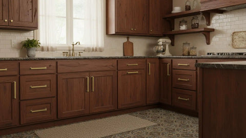 Solid Cabinet Pulls And Handles 10 Pack In Brushed Antique Brass on wooden kitchen cabinets