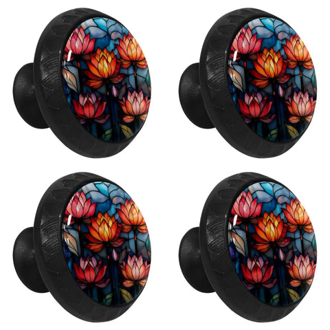 Hella Smooth Retro Lotus Cabinet Knobs Featuring Sweet Stained Glass Accents And Super Rust Resistant Metal Hardware For Bedroom Dressers Kitchen Cupboards 4 Pack close-up view of round glass knobs with floral designs