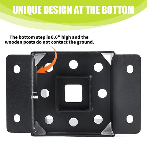 Close-up of black powder-coated Beefy 4x4 Post Base Brackets, heavy-duty solid steel, 8 pack, with unique bottom design.