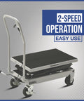 Side view of Strongway 2-speed hydraulic lift table cart with black platform and gray frame.