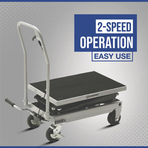 Side view of Strongway 2-speed hydraulic lift table cart with black platform and gray frame.
