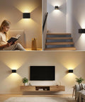Rechargeable Motion Sensor Wall Lights Black Battery Operated Sconce installed in living room and stairwell, providing flicker-free glow.