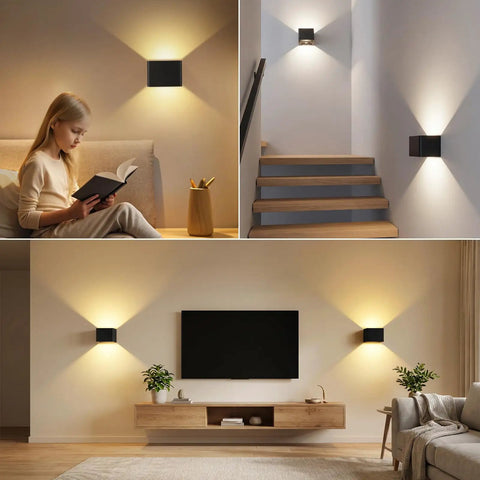 Rechargeable Motion Sensor Wall Lights Black Battery Operated Sconce installed in living room and stairwell, providing flicker-free glow.