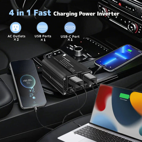 Road Warrior Approved 500 Watt Power Inverter For Cars Converting DC 12V To 110V AC With PD 20W Fast Charging USB Ports And Dual AC Outlets Zero Drama Plug And Play Adapter in a car charging a phone and laptop.