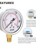 Glycerin Filled Pressure Gauge 0 To 230 Psi For Pool Pumps And Air Compressors with dual scale readout and stainless steel case features.