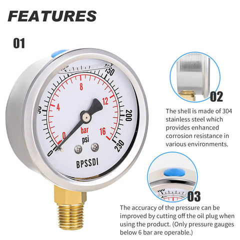Glycerin Filled Pressure Gauge 0 To 230 Psi For Pool Pumps And Air Compressors with dual scale readout and stainless steel case features.