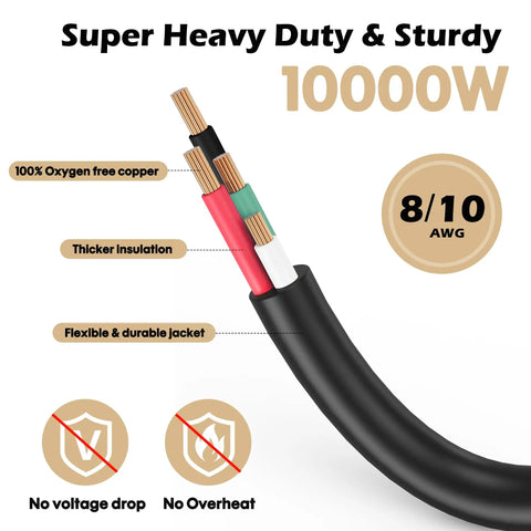 Heavy Grade Six Foot 40 Amp Extension Cord Nema 14 50P Etl Listed Waterproof Srdt Power Wire showing thick insulation and sturdy design.