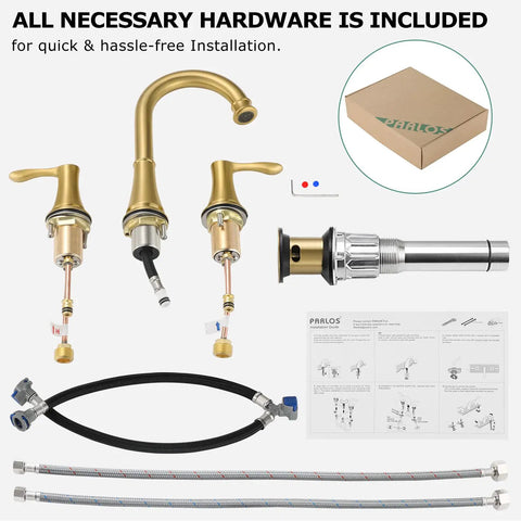 Widespread Double-Handle Bathroom Faucet In Brushed Nickel With Metal Pop Up Drain, CUPC-Approved Supply Lines, installation kit.