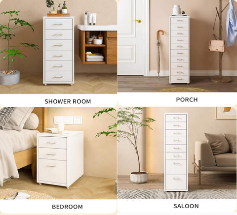 Locking Metal Filing Cabinet On Wheels With Vertical Storage used in various home settings: shower room, porch, bedroom, saloon.