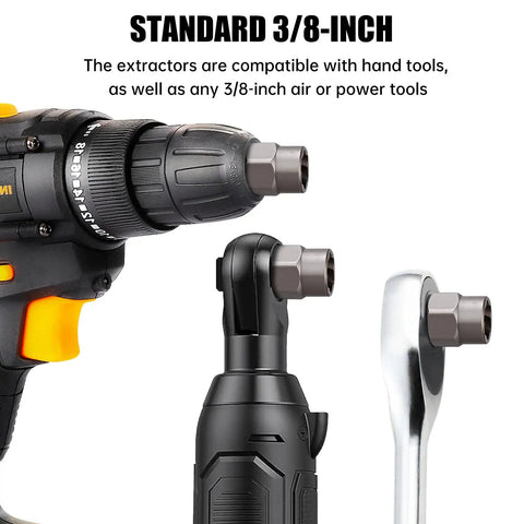 14 Piece Bolt Extractor Set For Stripped Rusted And Damaged Bolts With Hex Drive shown with hand and power tools