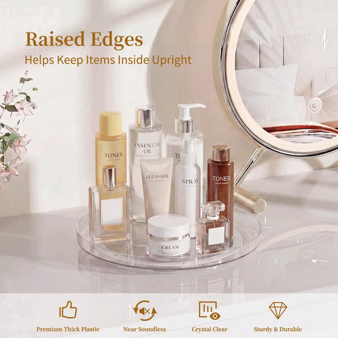 Smooth Spin Bathroom Vanity Tray For Counter 2 Pack 9 Inch Rotary Makeup Organizer A No Fuss Lazy Susan For Skincare Perfume And Daily Beauty Essentials with raised edges.