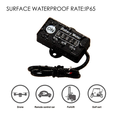 Mini LED Battery Indicator For DC 12/24V Lifepo4 Batteries With Five Column Green LED Gauge Battery Power Monitor For Golf Carts Forklifts And Equipment Auto Recognizes 12V Or 24V And Shows Twenty Percent Increments. IP65 waterproof battery meter with cable