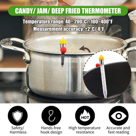 Upgraded Candy And Fry Thermometer With Pot Clip Instant Read Glass Thermometer For Candy Frying Oil Jam Sugar Syrup Jelly Must Have Kitchen Accessory For Home Cooking shown attached to a pot.