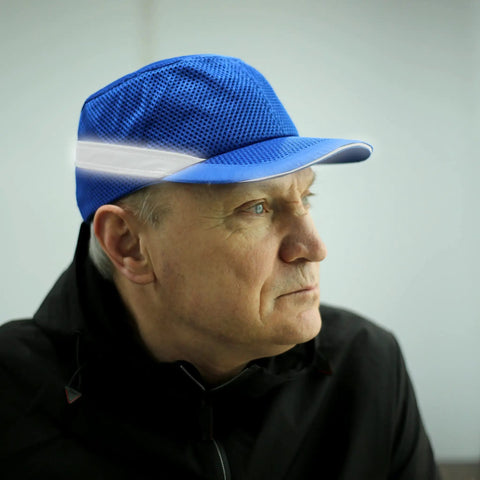 Side view of person wearing Baseball Bump Cap Hard Hat Helmet Five Pack Reflective Breathable Lightweight Worksite Ready Safety Cap For Men And Women One Size Fits Most Mesh And Twill Royal Blue.