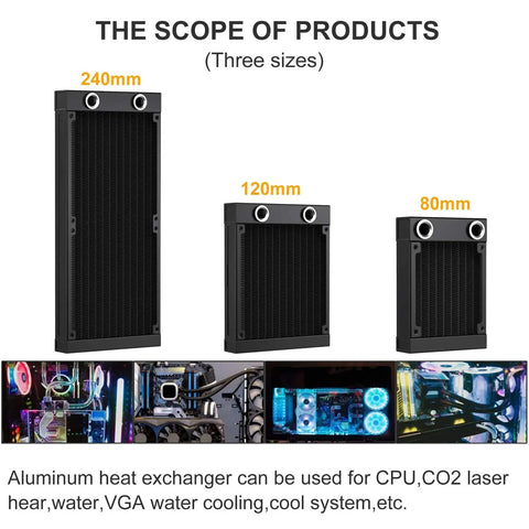 Dope 12 Pipe Aluminum Water Cooling Radiator For PC And CPU Rig 240mm G1 Quarter Inch Thread Heat Exchanger With High Flow Liquid Cooling Durable Black Radiator For Computer Laser Cooling System DC 12V, 240mm size shown with PC setup use