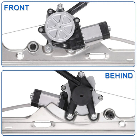 Front Passenger Side Power Window Regulator And Motor Assembly 741-645 Direct Fit Plug And Play Ready For 2000-2006 Chevy Silverado Tahoe Suburban GMC Yukon XL Sierra Escalade Pickup Truck And SUV, front and rear views.